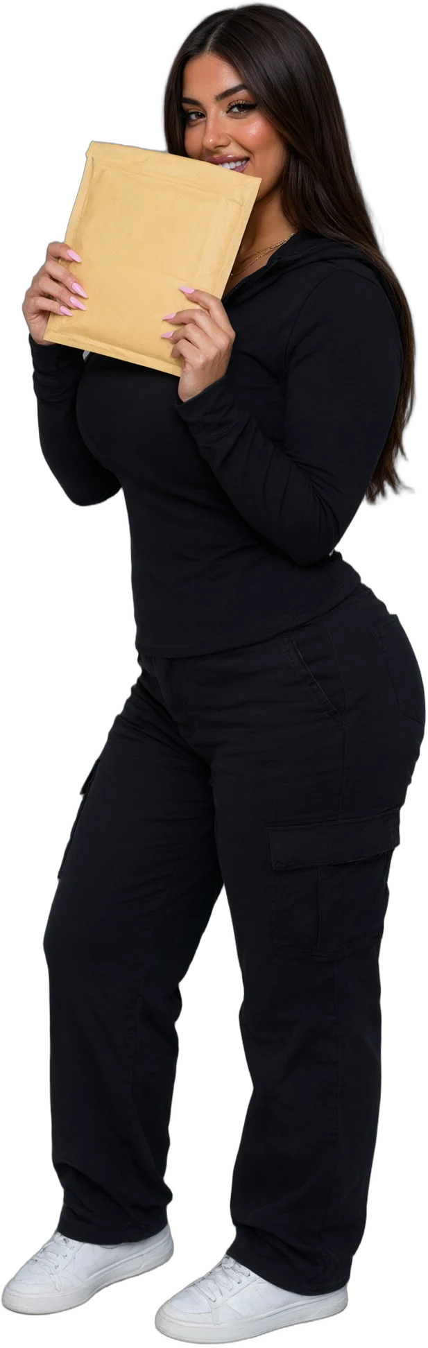 Illustration : une femme aux longs cheveux bruns, en sweat noir, qui tient une enveloppe matelassée devant sa bouche, le regard souriant