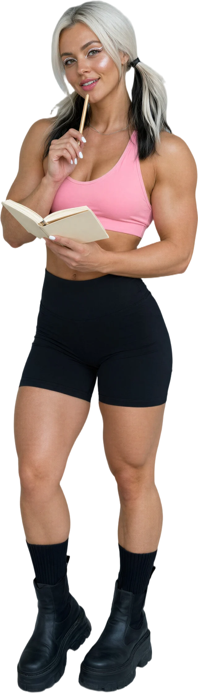 Illustration : une femme athlétique aux couettes blond platine, en brassière de sport rose, qui tient un carnet ouvert, un crayon au menton