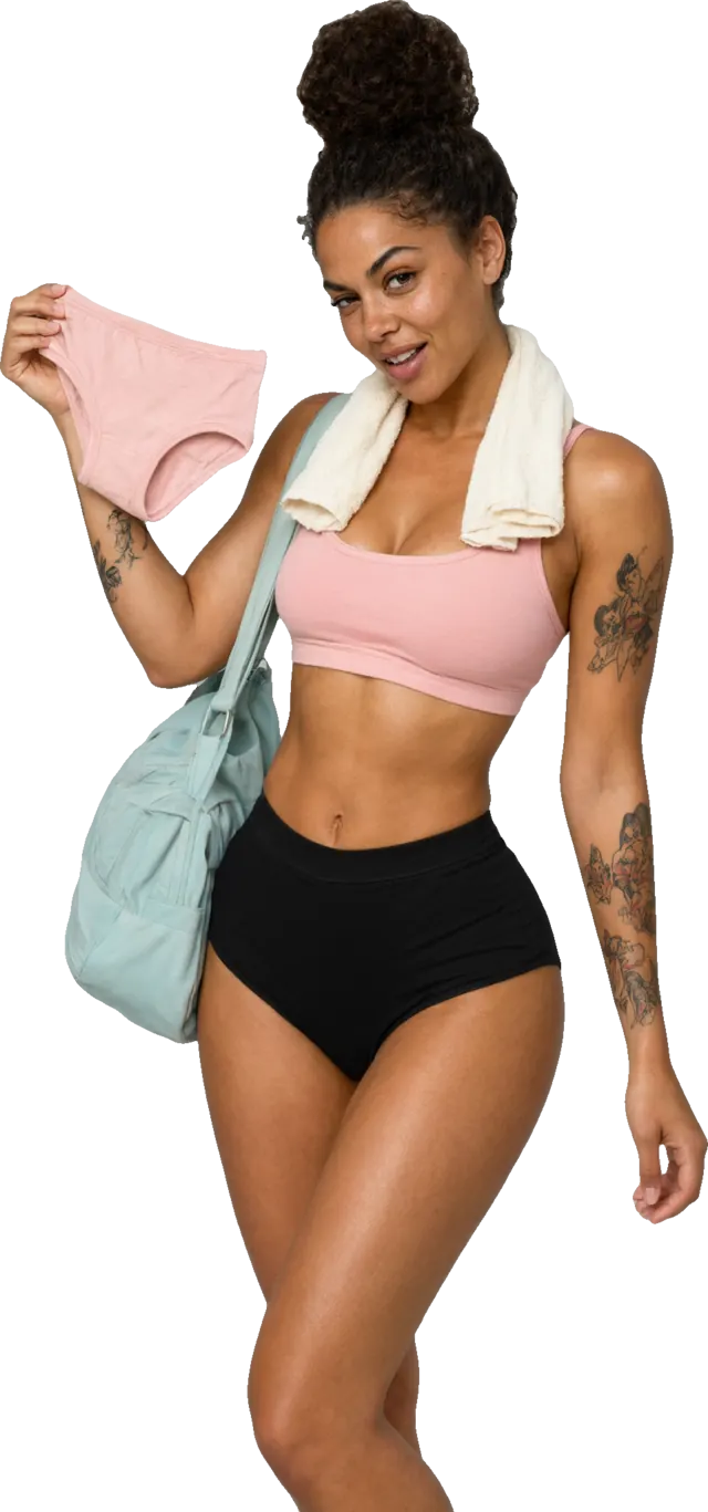 Illustration : une femme sportive avec une serviette et un sac de sport, qui tient une culotte en coton rose